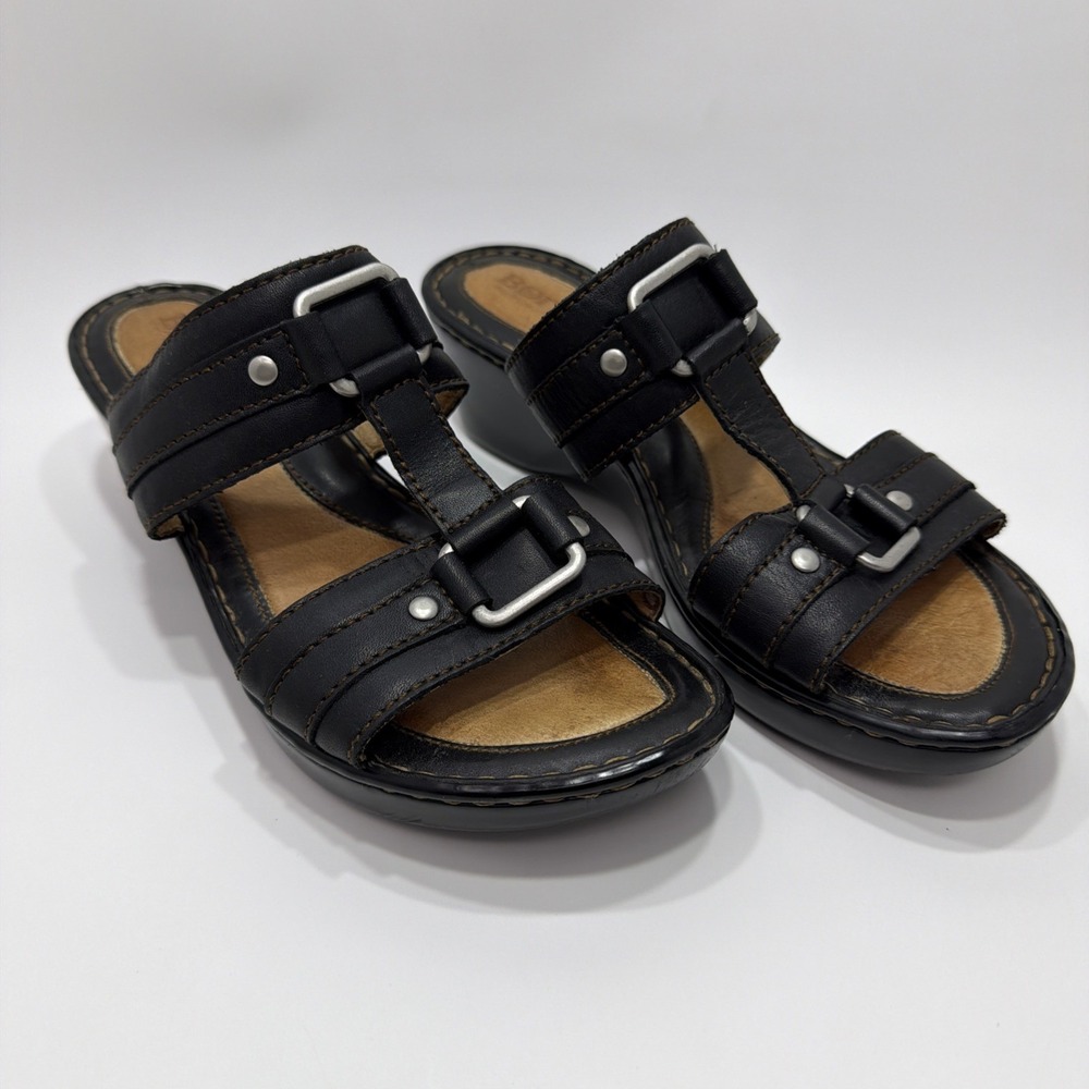 Born Marianna Black Leather Wedge Heel Metal Ring Stitching Size Women’s 8/39